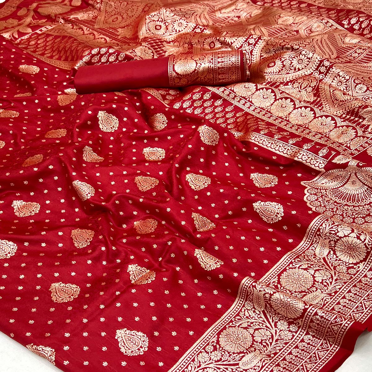 Red Art Silk Saree with Graceful Zari Floral Designs for Wedding and Festive Wear