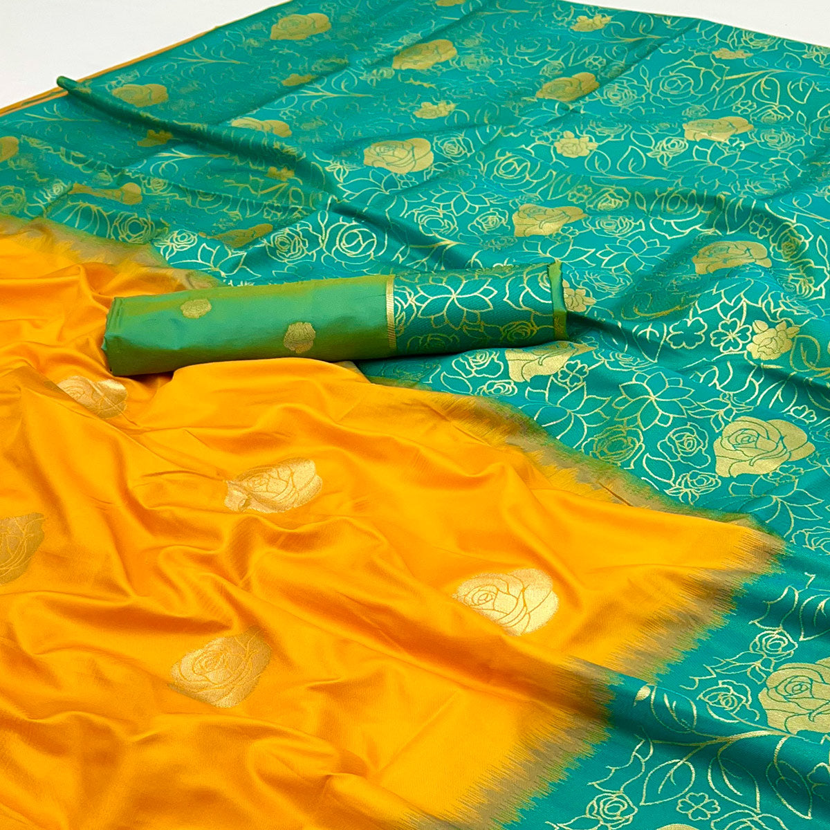 Mustard Art Silk Saree Embellished With Delicate Floral Zari Weaving Craftsmanship