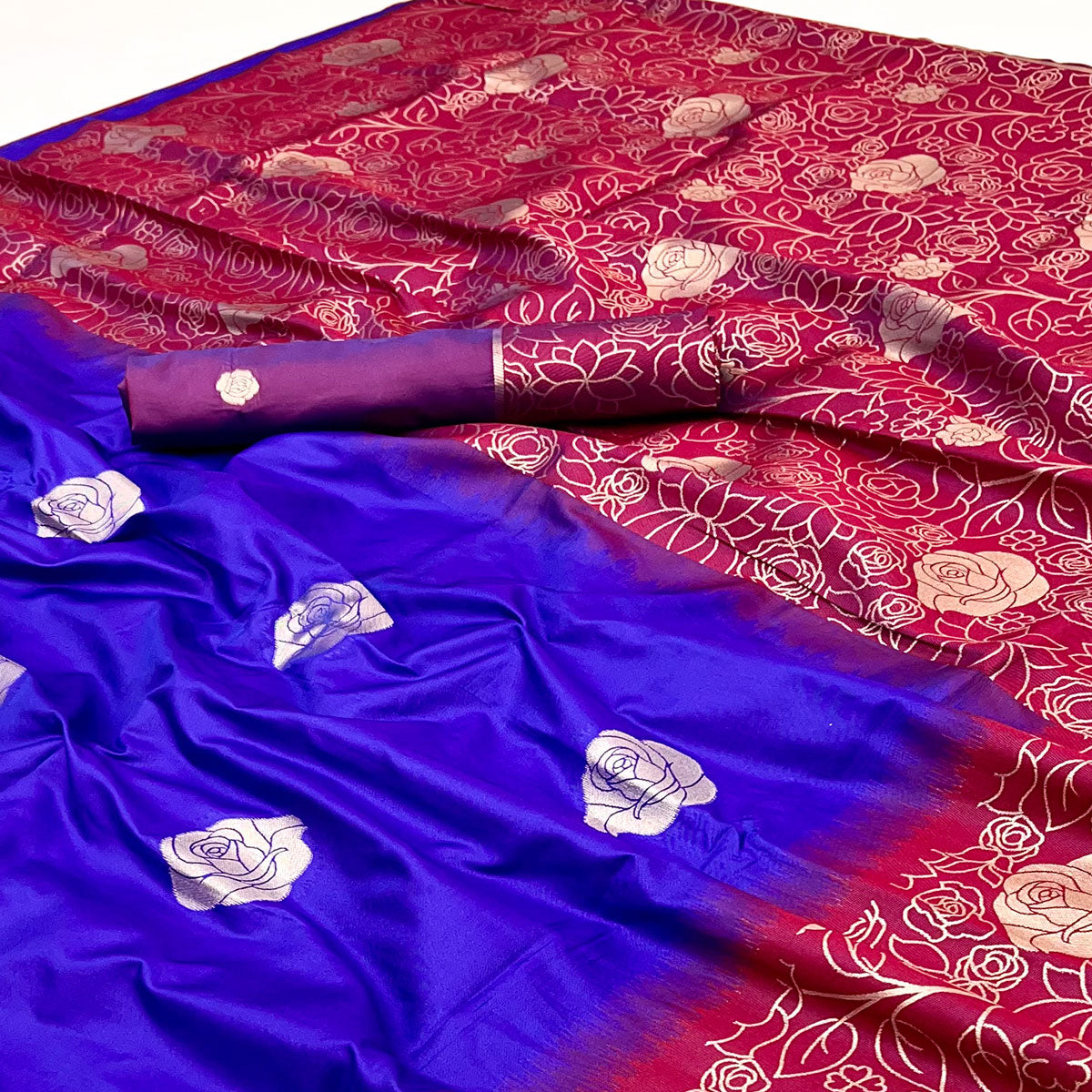 12Blue Art Silk Saree Embellished With Delicate Floral Zari Weaving Craftsmanship