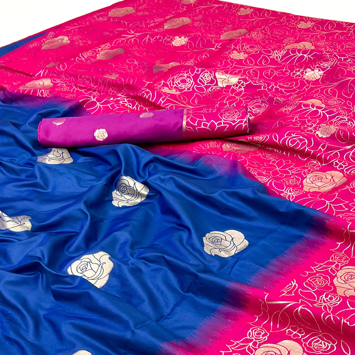 Blue Art Silk Saree Embellished With Delicate Floral Zari Weaving Craftsmanship