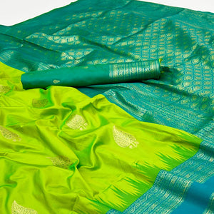 Green Zari Woven Art Silk Saree Featuring Delicate Floral Motifs & Regal Banarasi Pallu