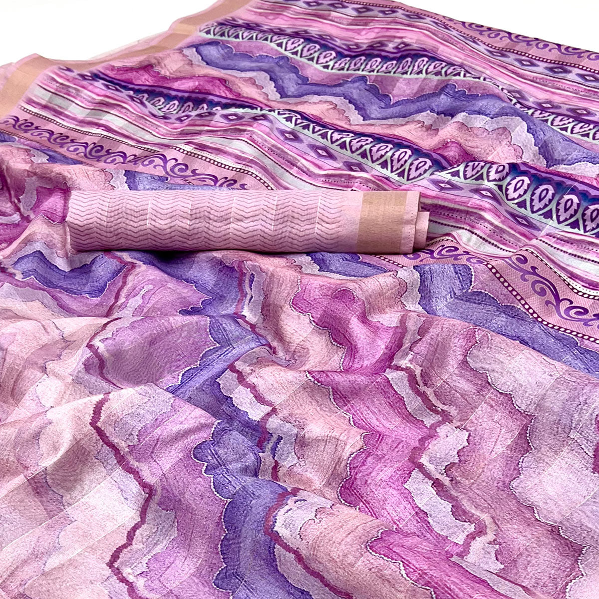 Purple Cotton Silk Saree With Artistic Digital Prints & Zari Weaving