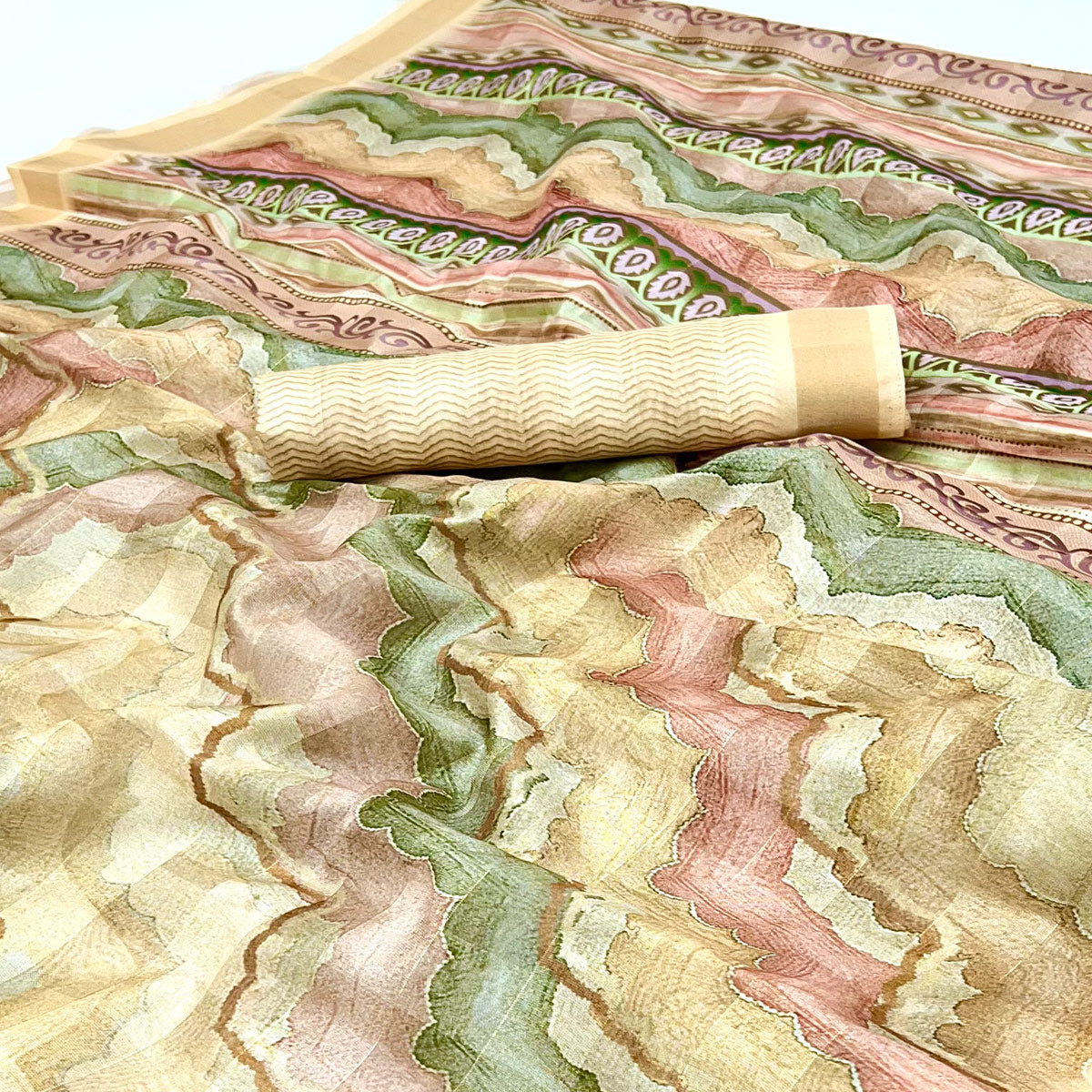 Cream Cotton Silk Saree With Artistic Digital Prints & Zari Weaving