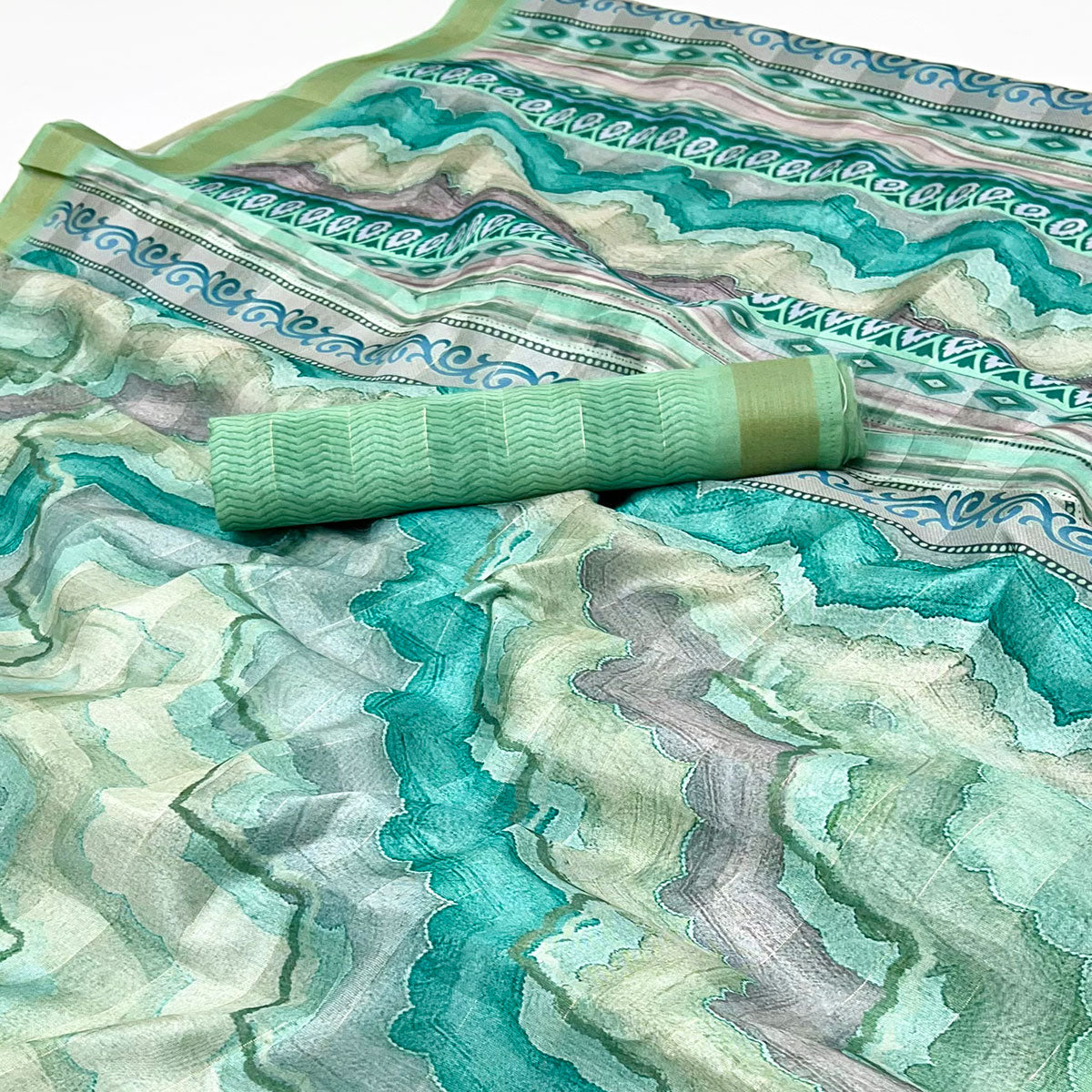 Rama Green Cotton Silk Saree With Artistic Digital Prints & Zari Weaving