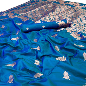 Morpich Blue Art Silk Saree With Intricate Floral Zari Weaving & Banarasi Pallu