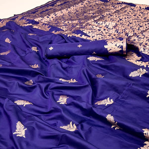 Blue Art Silk Saree With Intricate Floral Zari Weaving & Banarasi Pallu