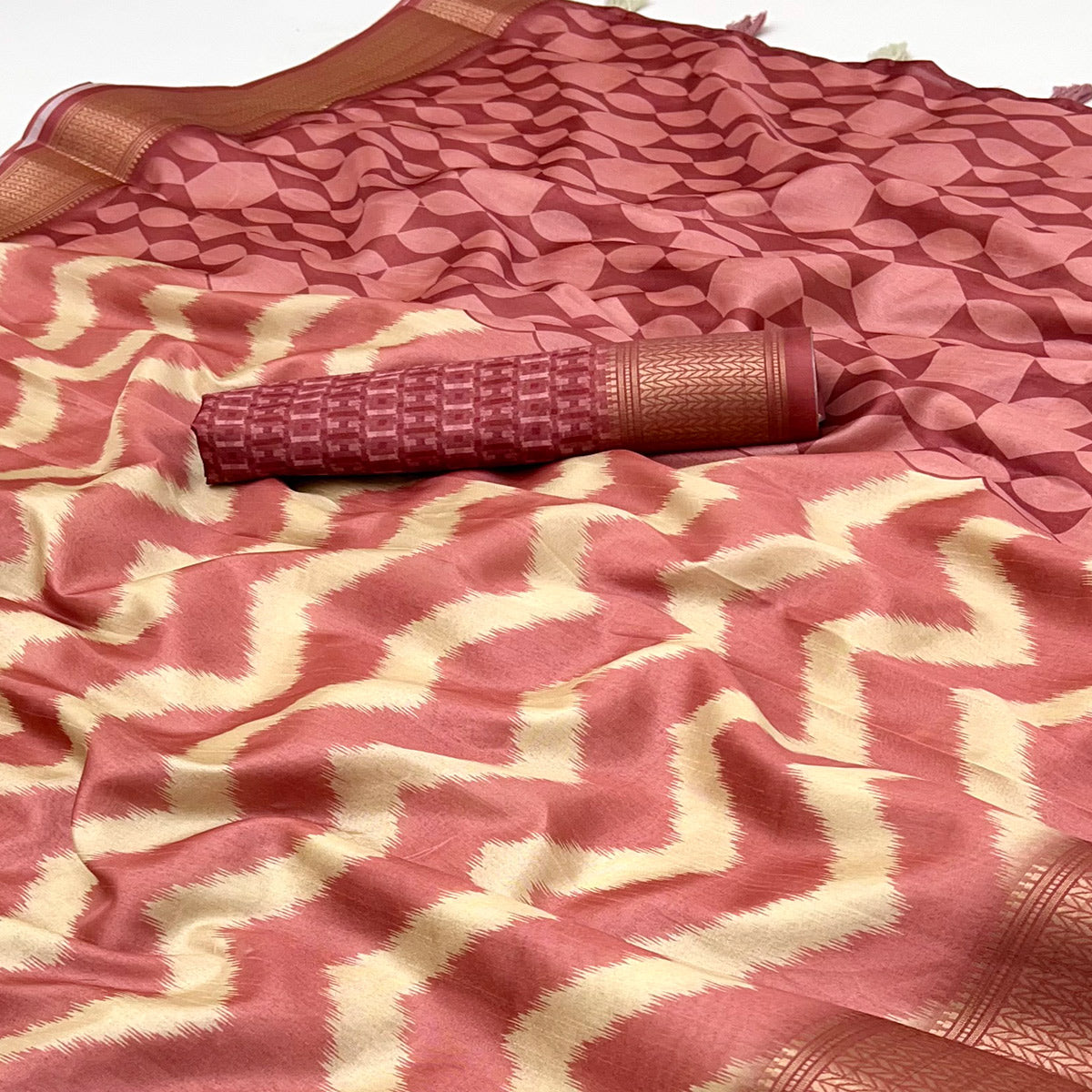 Pink Digital Printed Dola Silk Saree Accented With Elegant Zari Woven Border