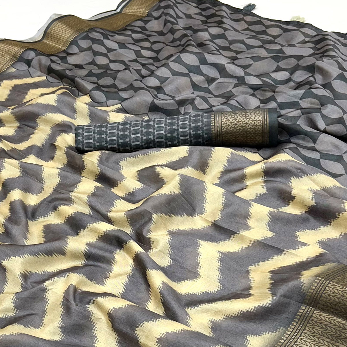 Grey Digital Printed Dola Silk Saree Accented With Elegant Zari Woven Border