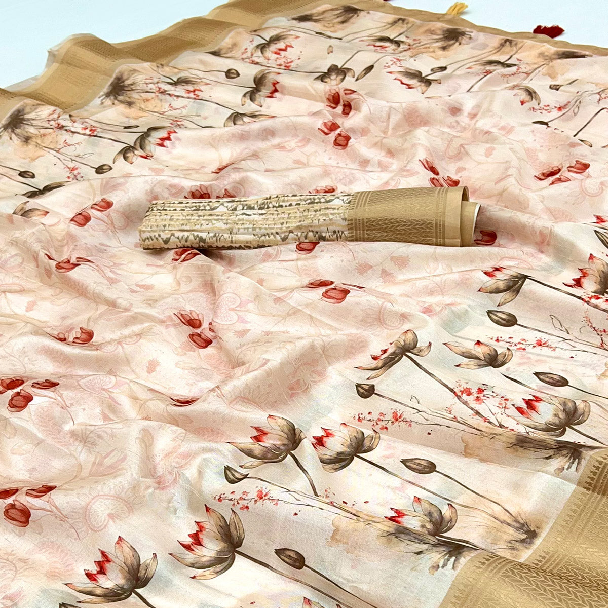Cream Floral Digital Printed Dola Silk Saree Accented With Elegant Zari Woven Border