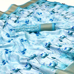 Blue Floral Digital Printed Dola Silk Saree Accented With Elegant Zari Woven Border