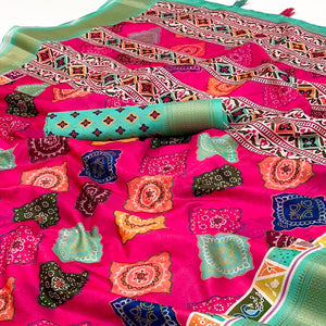 Pink Bandhani Digital Printed Dola Silk Saree Accented With Elegant Zari Woven Border