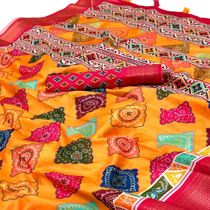 Mustard Bandhani Digital Printed Dola Silk Saree Accented With Elegant Zari Woven Border