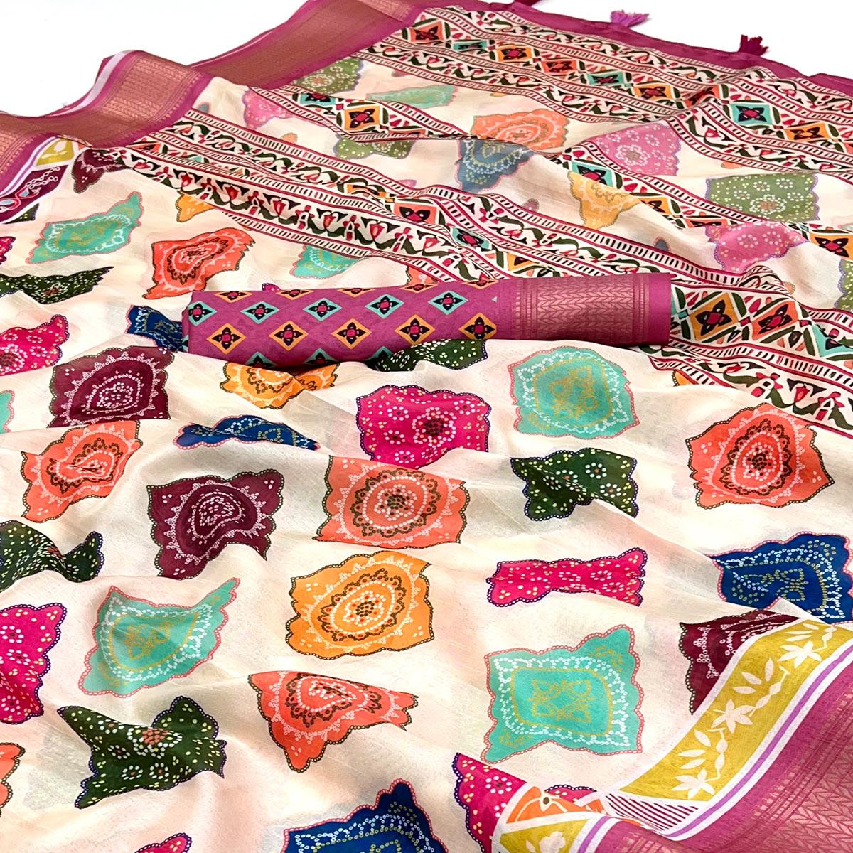 Offwhite Bandhani Digital Printed Dola Silk Saree Accented With Elegant Zari Woven Border