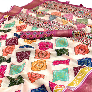 Offwhite Bandhani Digital Printed Dola Silk Saree Accented With Elegant Zari Woven Border