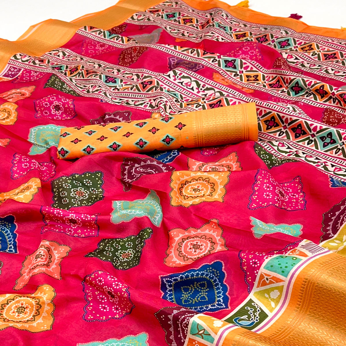 Cherry Red Bandhani Digital Printed Dola Silk Saree Accented With Elegant Zari Woven Border