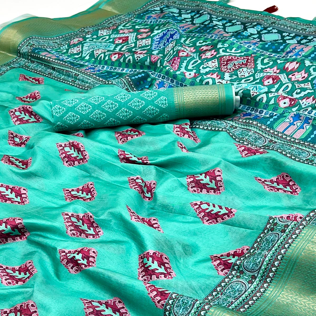 Rama Green Digital Printed Dola Silk Saree Adorned With Zari Weaving Border & Tassel Pallu
