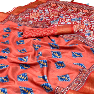 Orange Digital Printed Dola Silk Saree Adorned With Zari Weaving Border & Tassel Pallu