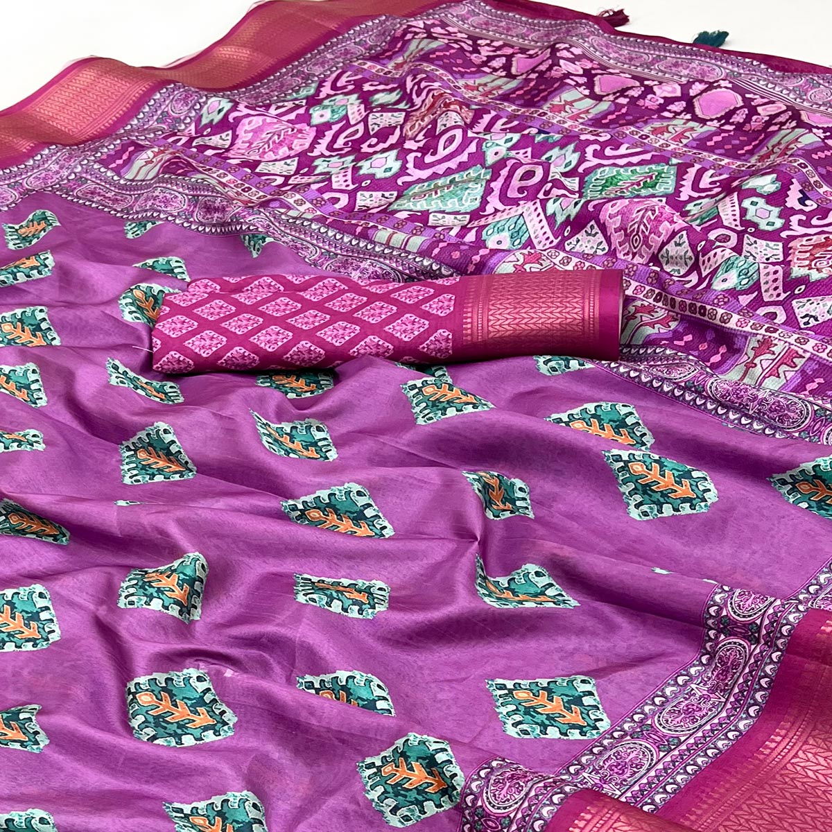 Purple Digital Printed Dola Silk Saree Adorned With Zari Weaving Border & Tassel Pallu
