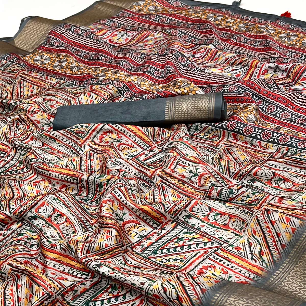 Grey Digital Printed Dola Silk Saree With Intricate Zari Weaving Border & Tassel Pallu