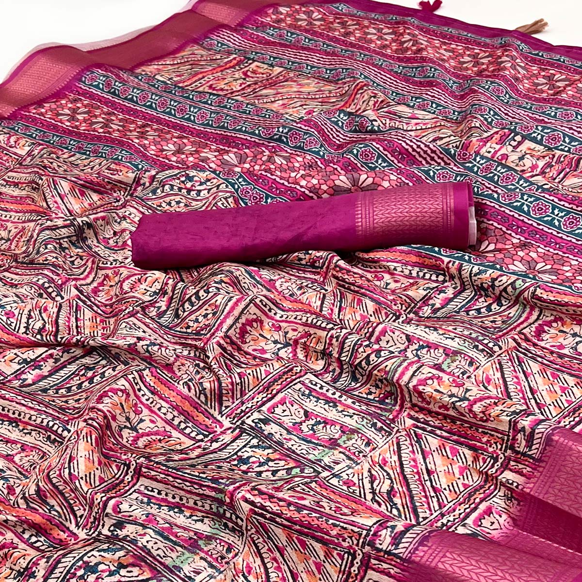 Pink Digital Printed Dola Silk Saree With Intricate Zari Weaving Border & Tassle Pallu