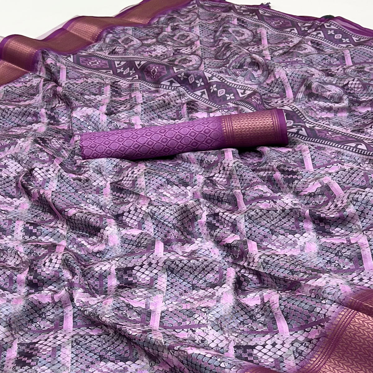 Lavender Digital Printed Saree In Dola Silk With Shimmering Zari Border & Tassel Pallu