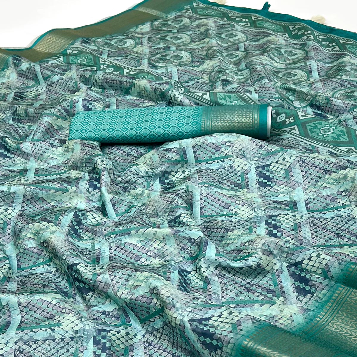 Turquoise Digital Printed Saree In Dola Silk With Shimmering Zari Border & Tassel Pallu