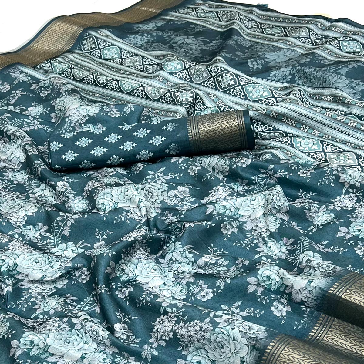 Teal Dola Silk Saree With Floral Digital Prints & Elegant Zari Weaving Border