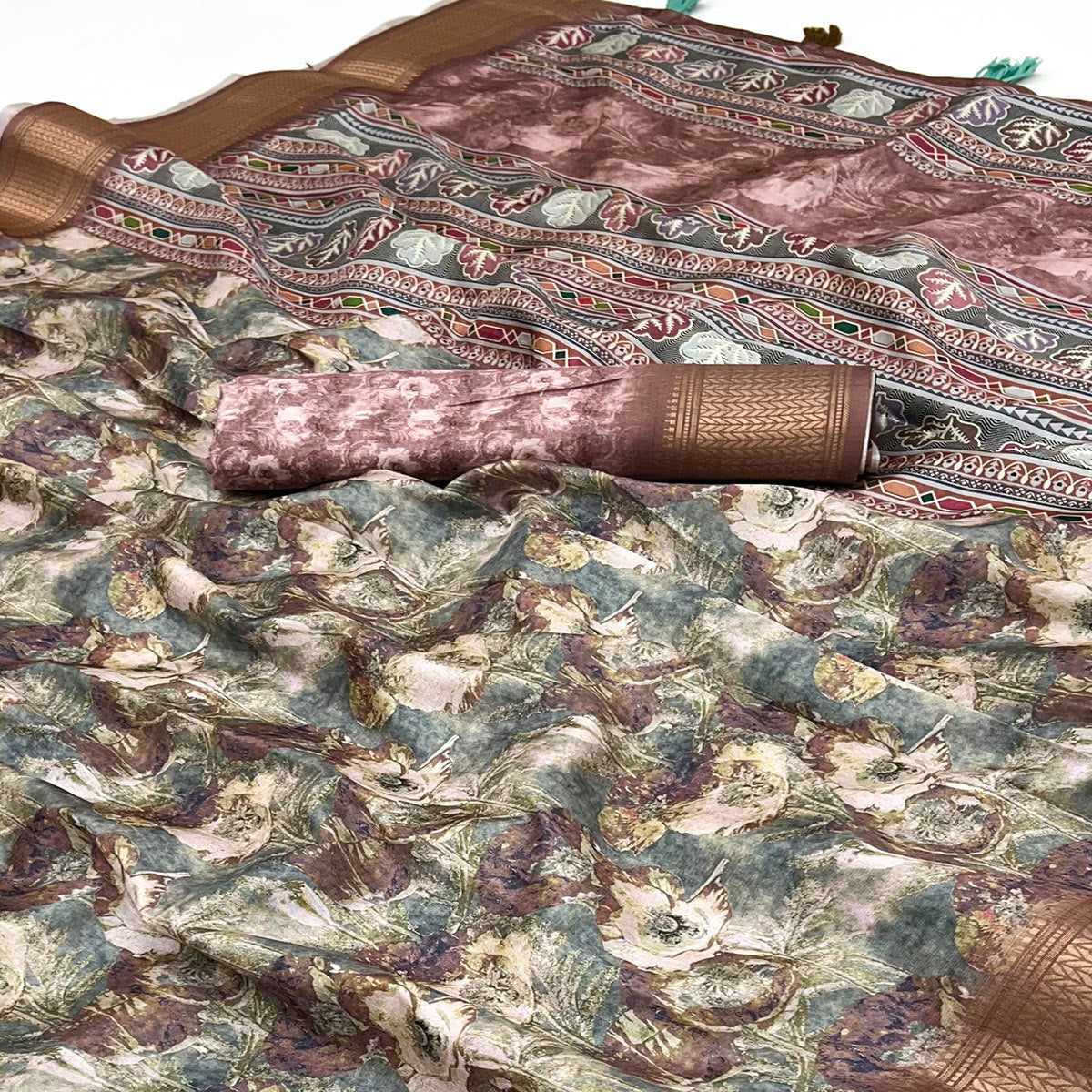 Brown Elegance In Dola Saree Featuring Blooming Digital Prints & Zari Border & Tassel Pallu