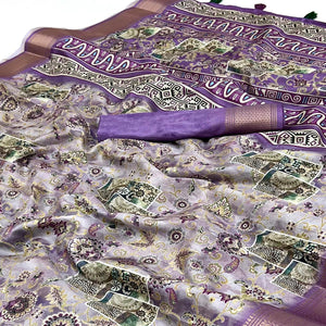 Lavender Floral Digital Printed Saree In Dola Silk With Shimmering Zari Border & Tassel