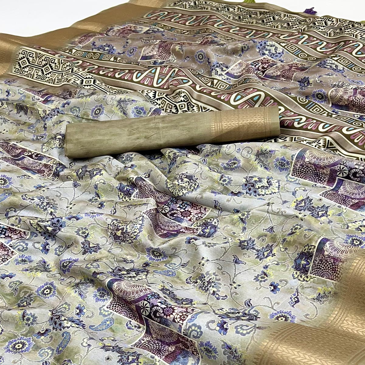 Olive Green Floral Digital Printed Saree In Dola Silk With Shimmering Zari Border & Tassel