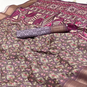 Carolina Plum Purple Dola Silk Saree With Intricate Digital Prints & Zari Woven Border