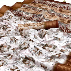 Brown Digital Printed Dola Saree Featuring Elegant Weaving Border & Stylish Tassel Pallu