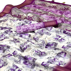 Lavender Digital Printed Dola Saree Featuring Elegant Weaving Border & Stylish Tassel Pallu