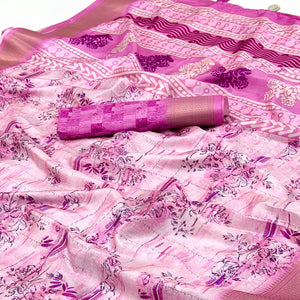 Floral Digital Printed Pink Dola Silk Saree Accented With Intricate Woven Border & Tassel Pallu