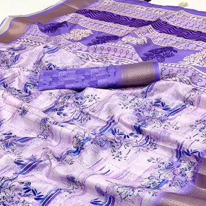 Floral Digital Printed Lavender Dola Silk Saree Accented With Intricate Woven Border & Tassel Pallu