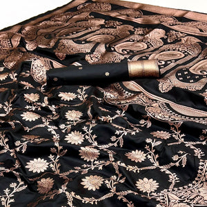 Black Art Silk Saree With Intricate Floral Zari Weaving & Banarasi Pallu
