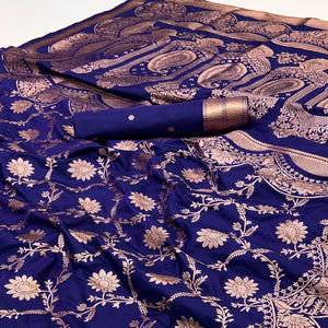 Blue Art Silk Saree With Intricate Floral Zari Weaving & Banarasi Pallu