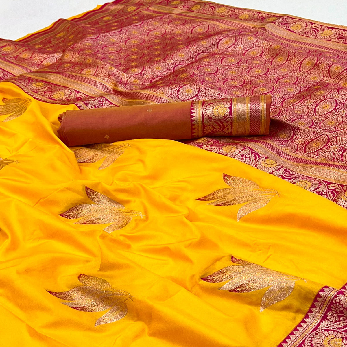 Yellow Saree In Art Silk Adorned With Floral Zari Work & Traditional Banarasi Pallu