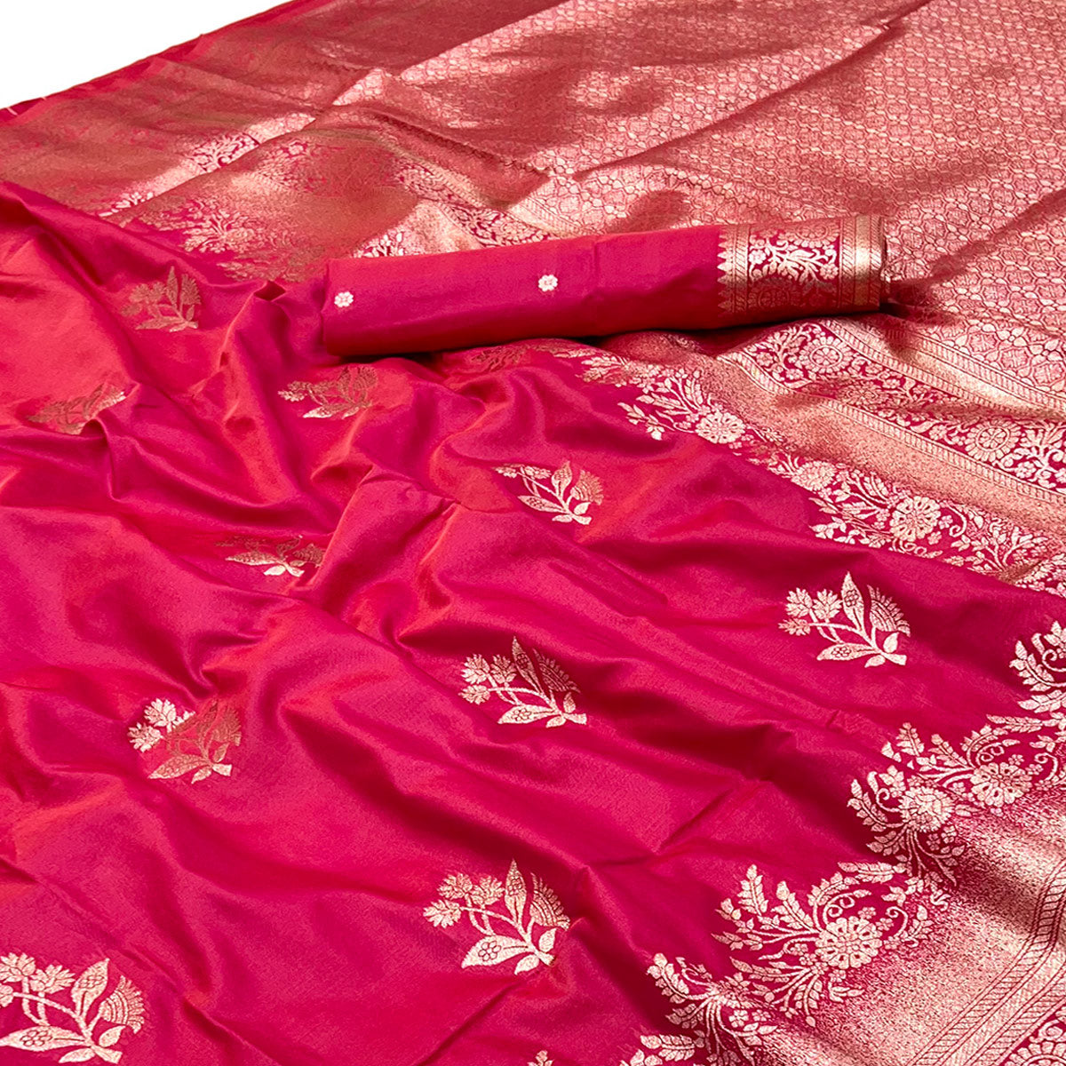 Rani Pink Art Silk Saree Featuring Intricate Floral Zari Weaving & An Elegant Banarasi Pallu