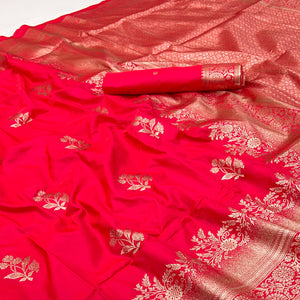 Pink Art Silk Saree Featuring Intricate Floral Zari Weaving & An Elegant Banarasi Pallu