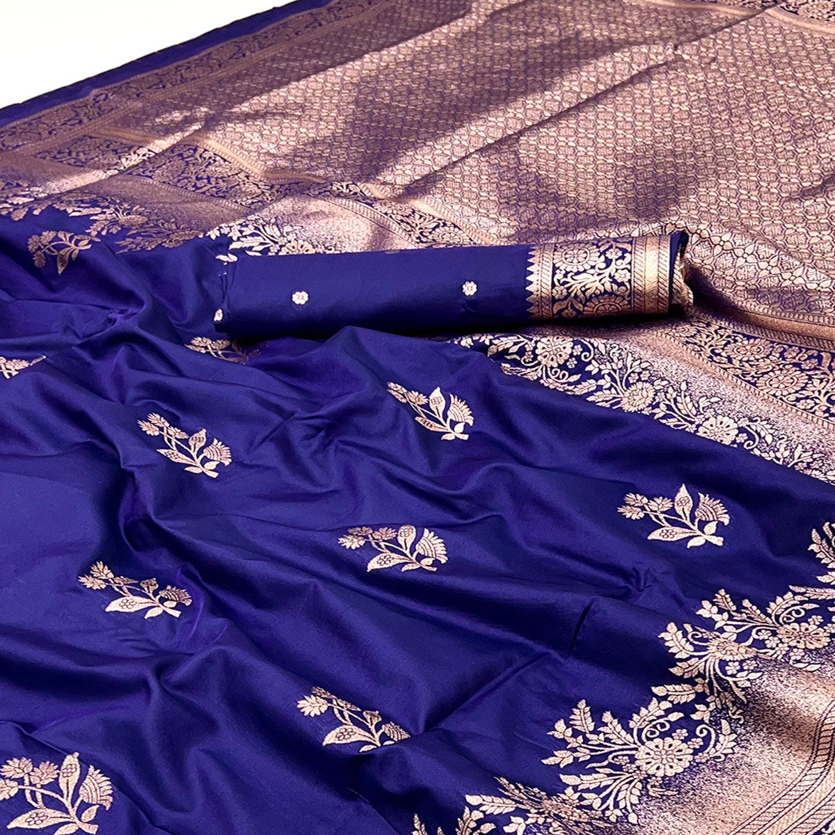Navy Blue Art Silk Saree Featuring Intricate Floral Zari Weaving & An Elegant Banarasi Pallu