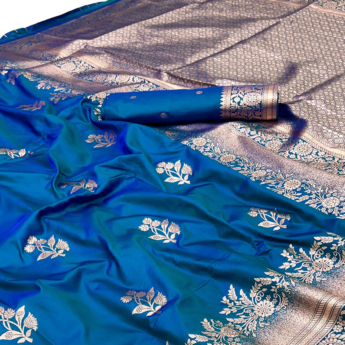 Morpich Blue Art Silk Saree Featuring Intricate Floral Zari Weaving & An Elegant Banarasi Pallu