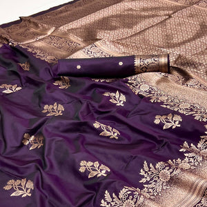 Wine Art Silk Saree Featuring Intricate Floral Zari Weaving & An Elegant Banarasi Pallu