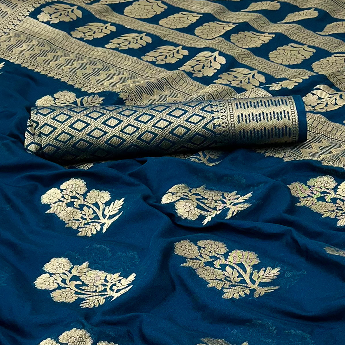 Dark Blue Crepe Silk Saree With Floral Zari Weaving & Stylish Tassel Pallu