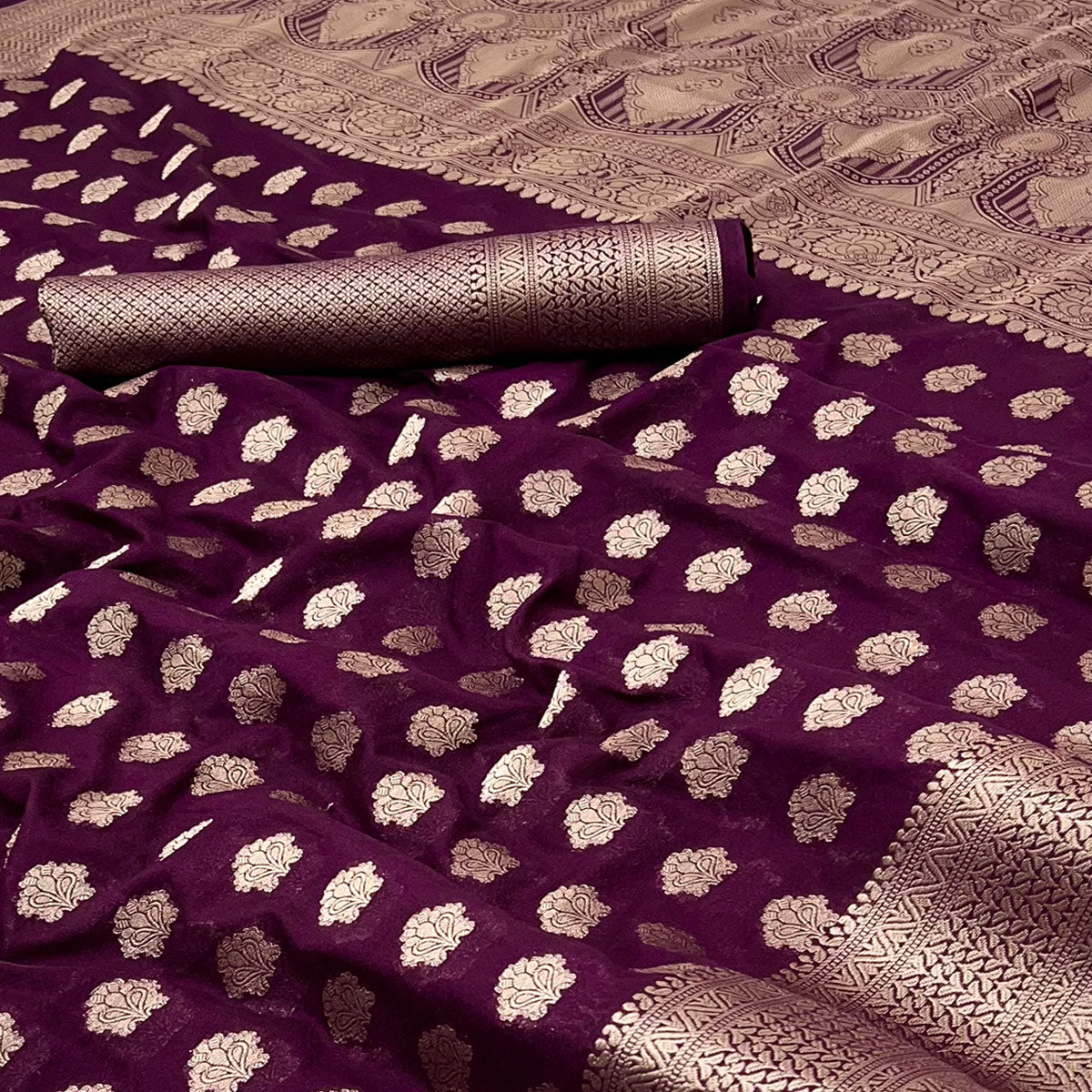 Wine Zari Woven Floral Silk Saree With Chic Tassel Finish Pallu