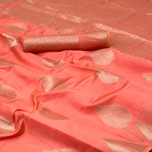 Coral Pink Tusser Cotton Silk Saree With Floral Zari Weaving & Tassel Pallu