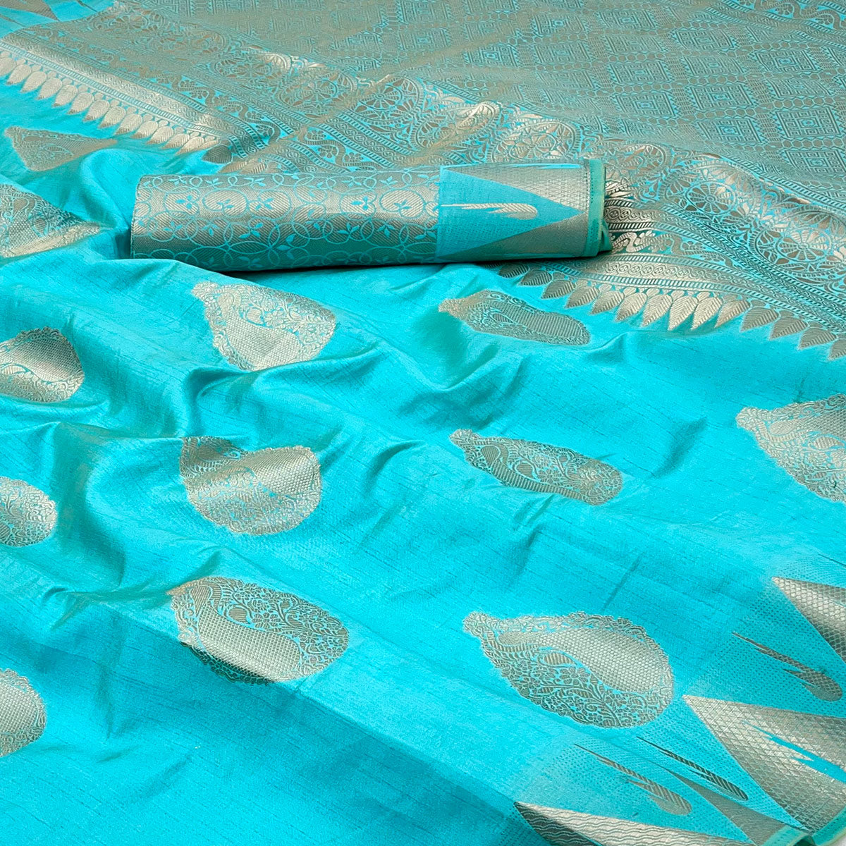 Blue Tusser Cotton Silk Saree With Floral Zari Weaving & Tassel Pallu