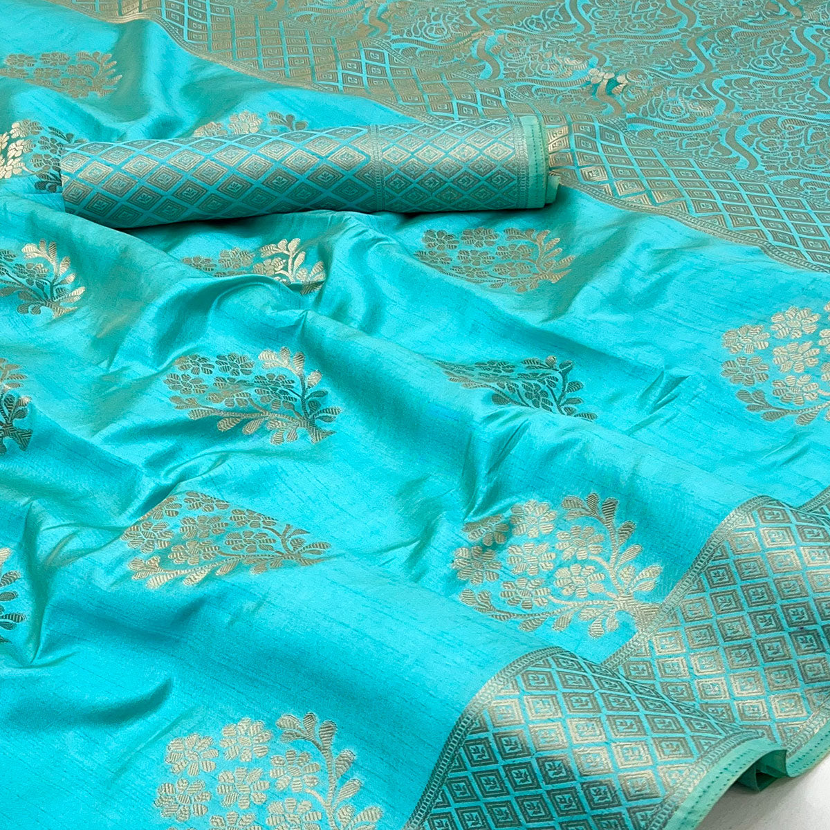 Blue Floral Zari Woven Tusser Cotton Silk Saree With Stylish Tassel Pallu