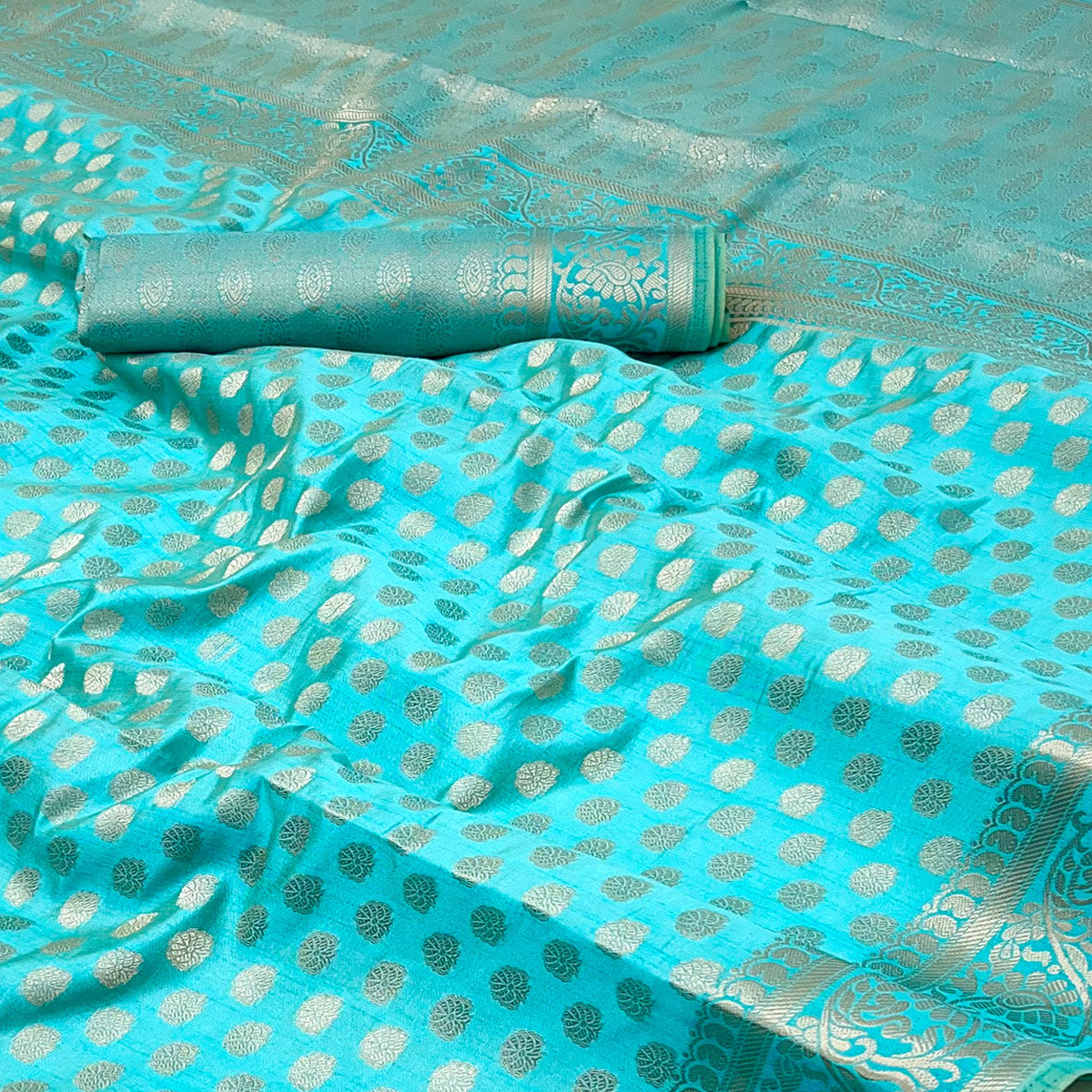 Blue Tusser Cotton Silk Saree Featuring Intricate Floral Zari Weave & Tassel Pallu