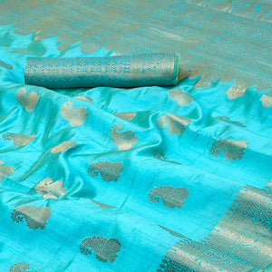 Blue Tusser Cotton Silk Saree Adorned With Floral Zari Weave & Tassel Pallu